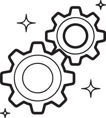 Two interlocking gears with sparkling stars