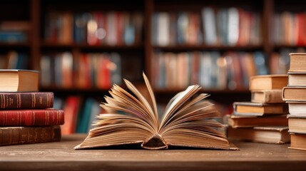 An open book with pages turned, resting on a wooden table in a library.