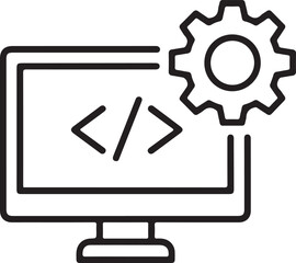 Computer screen with coding symbols and gear icon