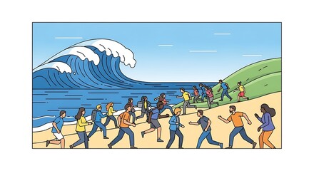 Fototapeta premium People Running from a Tsunami on the Beach A Dramatic Illustration
