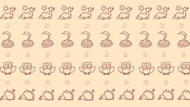 Cute Desert Animal Seamless Pattern with Camel, Snake, Owl, and Hedgehog
