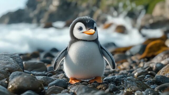 Adorable little penguin stands on a rocky beach, its fluffy plumage softly glowing under the sun.