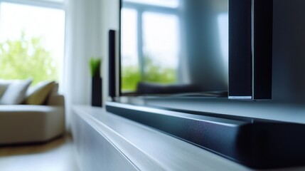 close-up captures the sleek design and modern aesthetics of a television and sound system nestled in a bright, airy living space