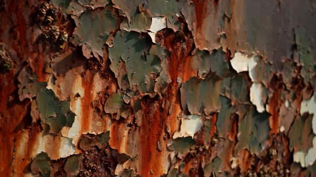 Close-up abstract of peeling, cracked paint revealing rust and texture.  Organic shapes and colors