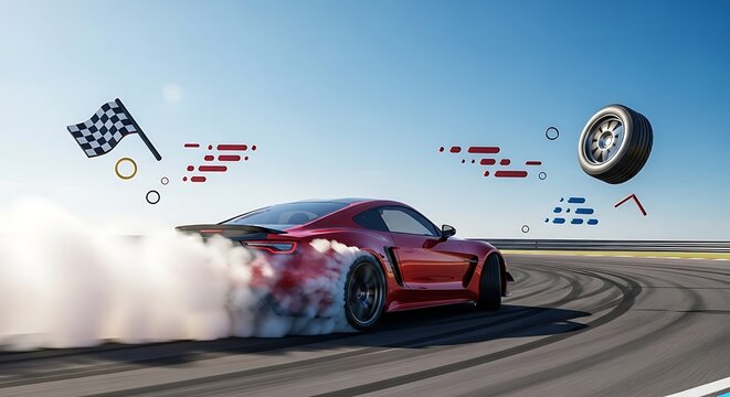 Red Sports Car Drifting on Racetrack with Checkered Flag and Tire Illustration