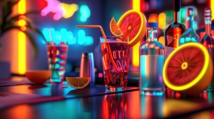 Neon-lit Colorful Cocktail Drinks with Citrus Fruits on Bar Counter in Vibrant Nightlife Setting