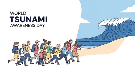 Vector art showing a coastal community's successful evacuation to safety from a devastating tsunami, a concept for natural disaster preparedness