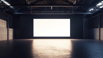 expansive industrial space with blank screen, ideal for product displays, presentations, or event backdrops, light reflecting off polished concrete