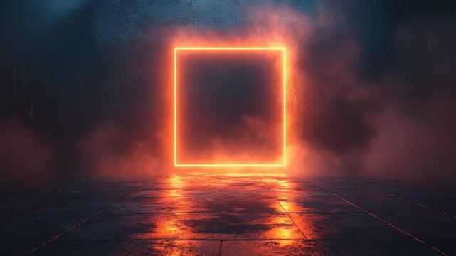 Neon glowing square frame in a misty dark room