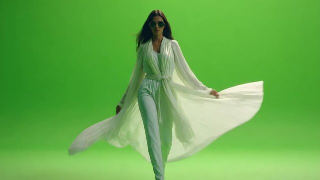 A model wearing white flowing garments and aviator sunglasses poses against a green backdrop