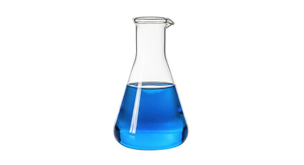 Erlenmeyer flask with blue liquid isolated on transparent background, chemistry
