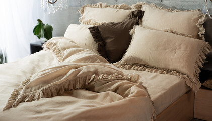 cozy pillows on a double bed for background