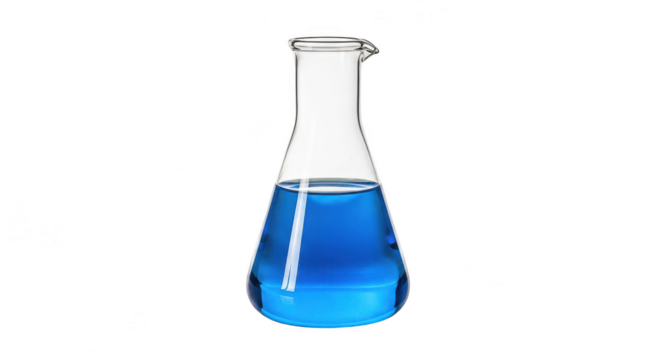 Erlenmeyer flask with blue liquid isolated on transparent background, chemistry