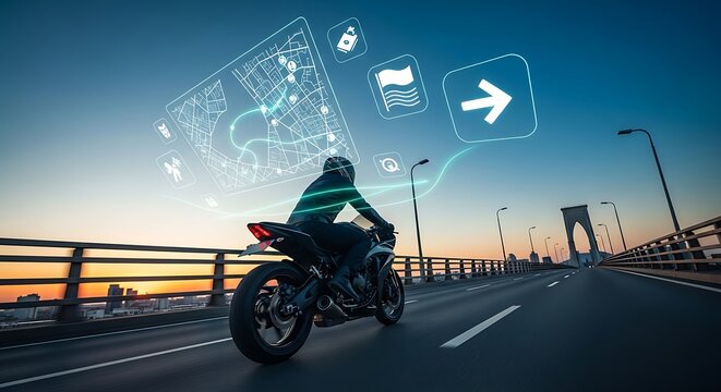 Futuristic motorcycle ride with a rider using an augmented reality heads-up display for GPS navigation on a city bridge at sunset