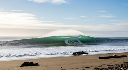 A stunningly perfect, hollow green wave breaks in a powerful display of nature's beauty on a pristine sandy beach