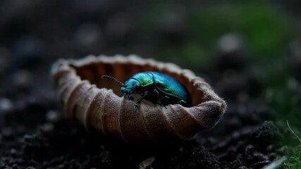 Shiny Green Jewel Beetle Rests Inside a Natural Cup on the Forest Floor. - Powered by Adobe