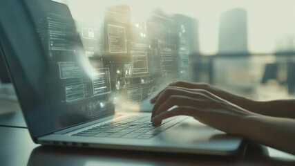 Futuristic holographic data interface glowing on laptop screen with hands typing coding programming cybersecurity digital transformation technology concept - Powered by Adobe