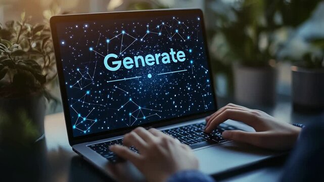 Person typing on laptop screen displays glowing network connections and the word Generate digital technology concept