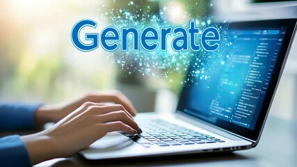 Person typing on laptop with glowing digital network overlay and the word Generate in blue text conceptualizing creation innovation technology and data processing - Powered by Adobe