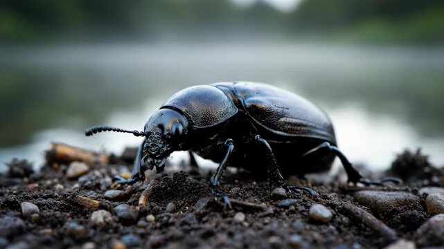 Close-up of a black beetle crawling on the ground near a body of water.