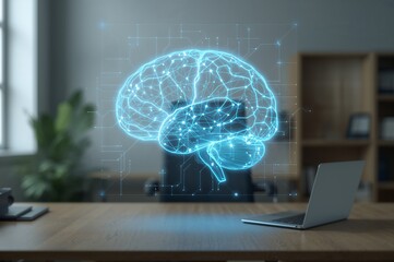 A digital brain hologram over a desk with a laptop and plant in the background in a modern office