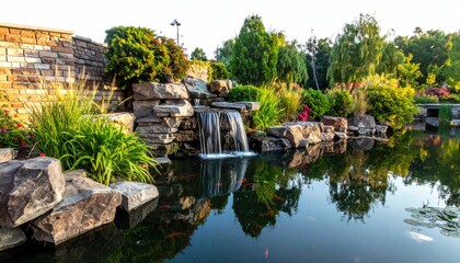 Koi pond with rustic brick wall. Plants decorating the pond. Waterfall, water fountain, rocks. Lake in the city.