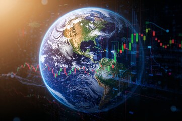 Earth globe with financial stock market candlestick charts overlayed showing global economy trends