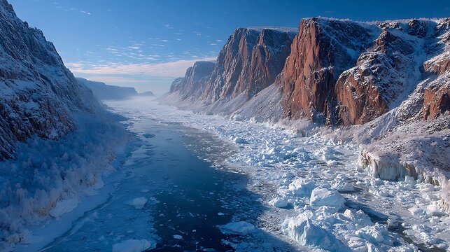 Icy river canyon with snow-covered mountains and clear blue sky image photo