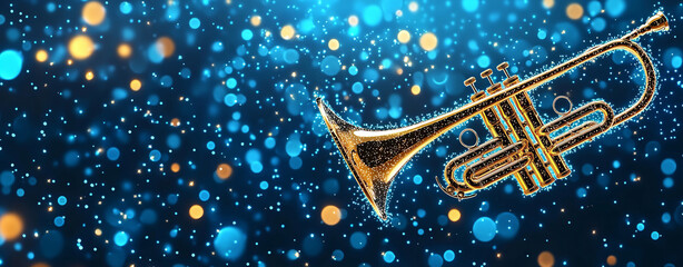 Golden trumpet bokeh trumpet instrument brass glitter blue bokeh music celebration sparkle