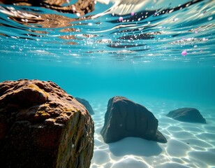 Fototapeta premium Serene Underwater Scene with Rocks and Sunlit Water