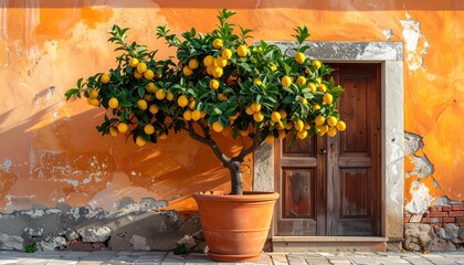 lemon tree in a terracotta pot placed against a rustic orange old house wall. mediterranean vibe, gardening, eco-friendly living