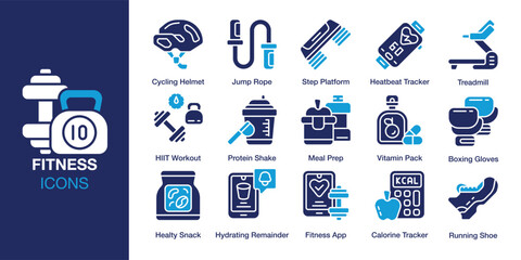 Fitness icon set. Containing cardio, endurance, aerobic, anaerobic, hiit, and more. Solid vector icons collection. Vector illustration.