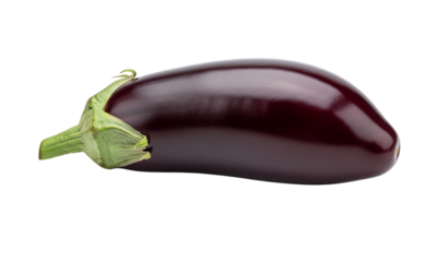 A single, ripe, dark purple eggplant with a green stem and cap, isolated on a white background.