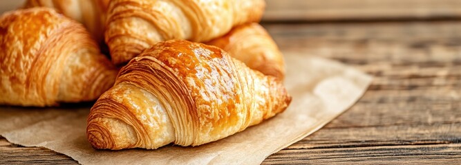 Freshly baked croissants arranged on a rustic wooden table setting inviting a delightful breakfast experience
