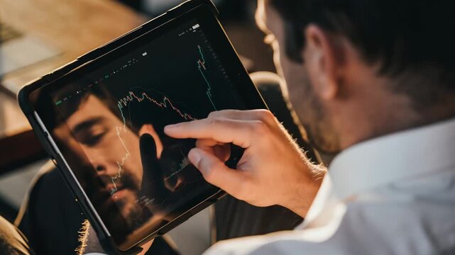 Close-up of a Person Analyzing a Financial Chart on a Digital Tablet, Focus on Screen Reflection