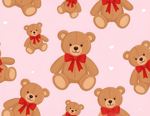 Obraz premium Cute cartoon teddy bears with red bows scattered on a pink background