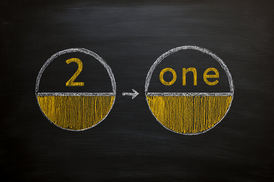Chalkboard illustration showing the number two transforming into the word one with a directional arrow