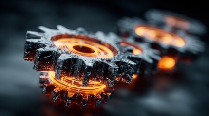 Close-up of three metallic gears with an orange glowing center, detailed textures
