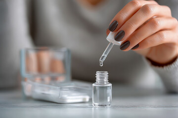Close up of a woman s hand holding a dropper with clear liquid dripping into a small glass bottle