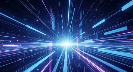 Fototapeta premium Blue and purple light streaks speed through dark digital space abstract background