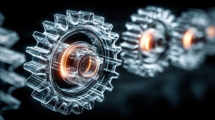 Abstract illustration of cogwheels gears and mechanical technology with orange light