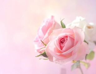 Delicate pink roses and white blooms, soft focus on a pastel background