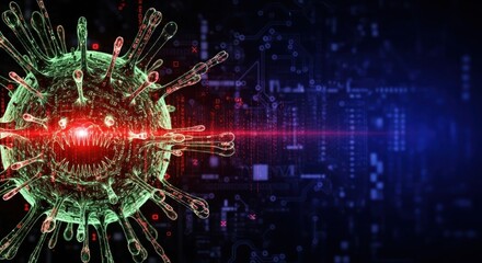 A green and red virus with a digital circuit background.