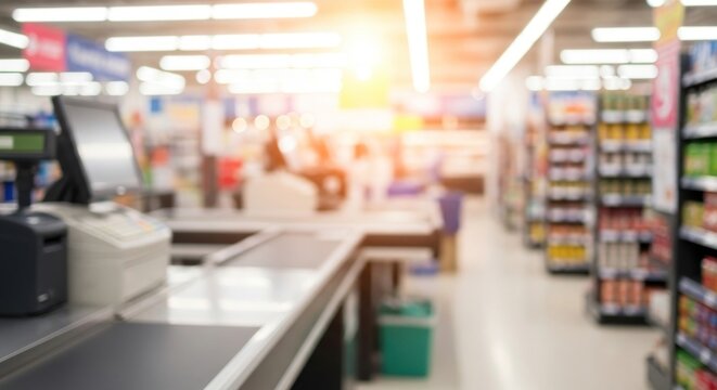A blurred image of a grocery store checkout area with a cashier and customers in the background.