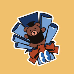Cute Cartoon Teddy Bear Graduation Bouquet with Ribbon and Diploma Elements Vector Illustration