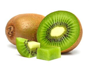 Fresh green and brown fruit slices isolated on white background