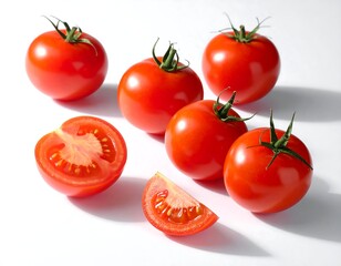 Fresh, ripe tomatoes, whole and sliced, on a clean white backdrop