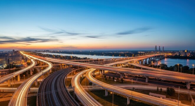A busy highway interchange with multiple roads and bridges at dusk.