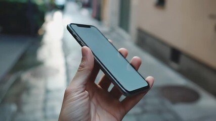 Close-up perspective of a person's hand holding a sleek, modern smartphone with a blank screen, symbolizing seamless communication and digital interaction in an urban setting - Powered by Adobe