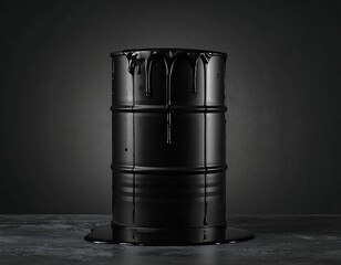 Glossy black metal barrel dripping with a viscous, dark liquid